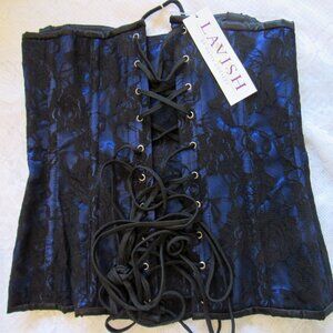 Lavish Dark Blue With Black Lace Overlay Corset,sz.L, Zip